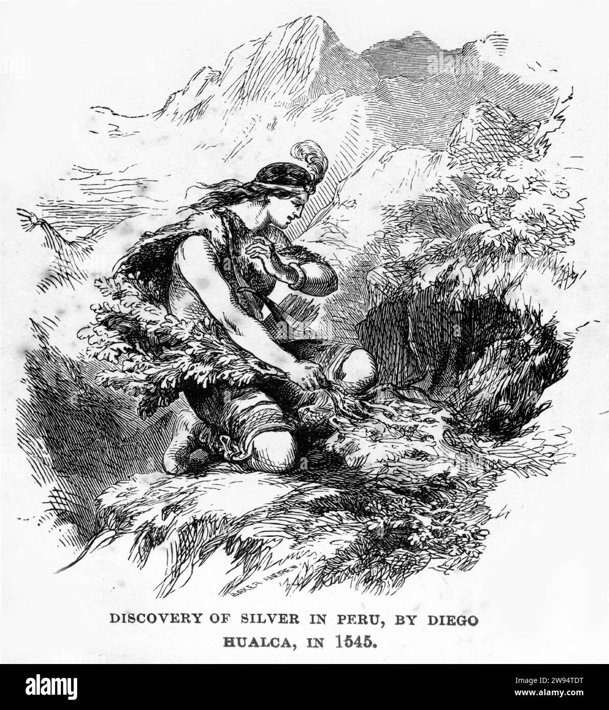 Gravur der Entdeckung von Silber in Peru durch Diego Hualca im Jahre 1545, aus der Underground World, um 1878 Stockfoto