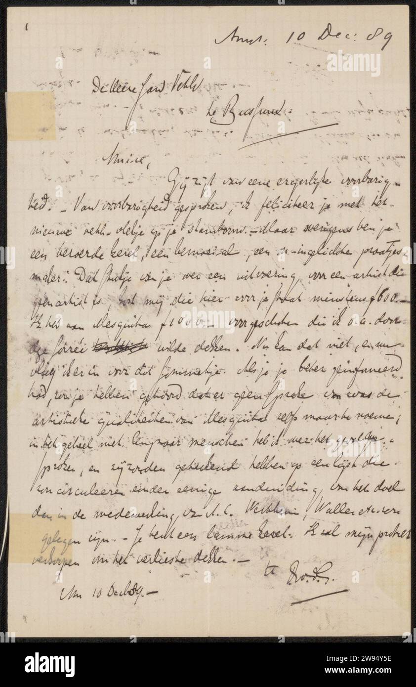 Brief an Jan Veth, Frank van der Goes, 1889 Briefe Amsterdamer Zeitung. Schreiben von Tinte (Prozesse) / Leben mit Stift. Geld. Kunsthandel, Kunstgeschäft. Kunsthandel, Kunstgeschäft Stockfoto