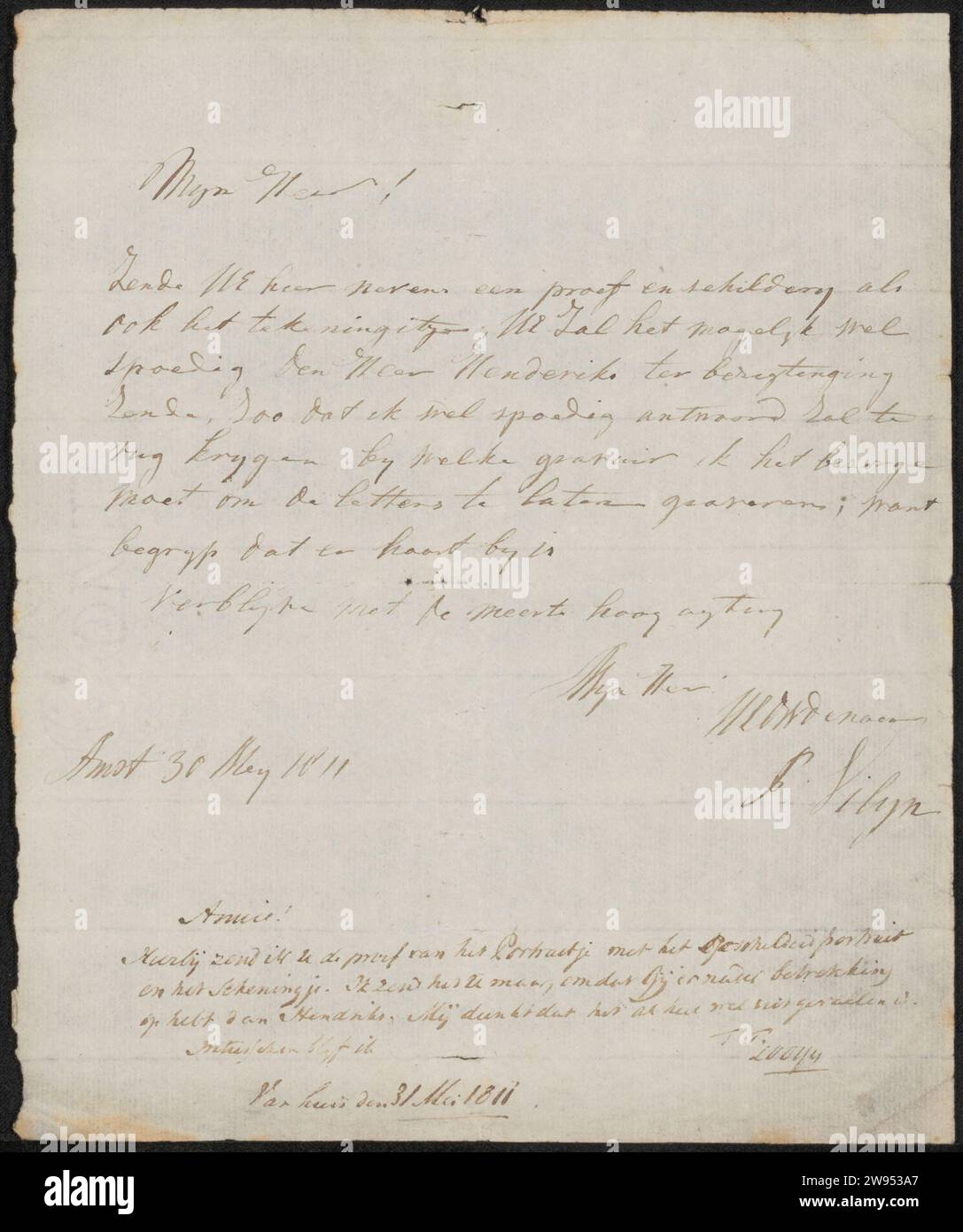 Brief an Adriaan Pietersz. Loosjes, Philippus Velijn, Brief von 1811 enthält eine Antwort von Adriaan Pietersz. Loosjes an Philippus Velijn. Amsterdam Papier. Schreiben mit Tinte (verarbeitet)/Zeichnen der grafischen Künste. Malerei (einschließlich Buchbeleuchtung, Miniaturmalerei). Historische Personen, die nicht namentlich bekannt sind Stockfoto