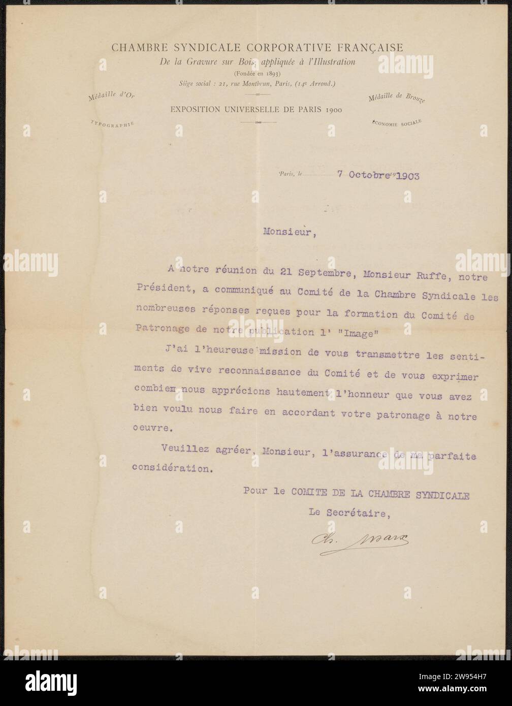 Brief aan Philip Zilcken, auf die Illustration Chambre Syndicale Corporate Francaise de la Gravure auf Holz, 1903 Letter Paris-Papierdruck Stockfoto
