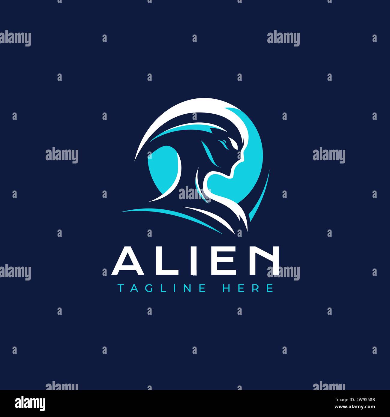 Alien-Vektor-Logo-Illustration. Minimales Alien-Logo auf dunkelblauem Hintergrund. Stock Vektor