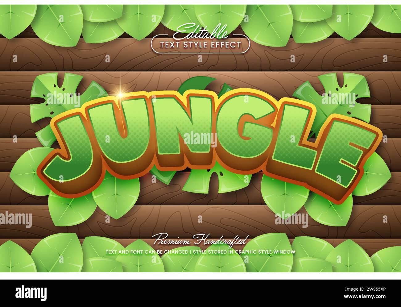 Tropischer Dschungel bearbeitbarer 3D-Vektor-Texteffekt, geeignet für die Erstellung auffälliger Textgrafiken für digitale und Printmedien wie Poster, so Stock Vektor