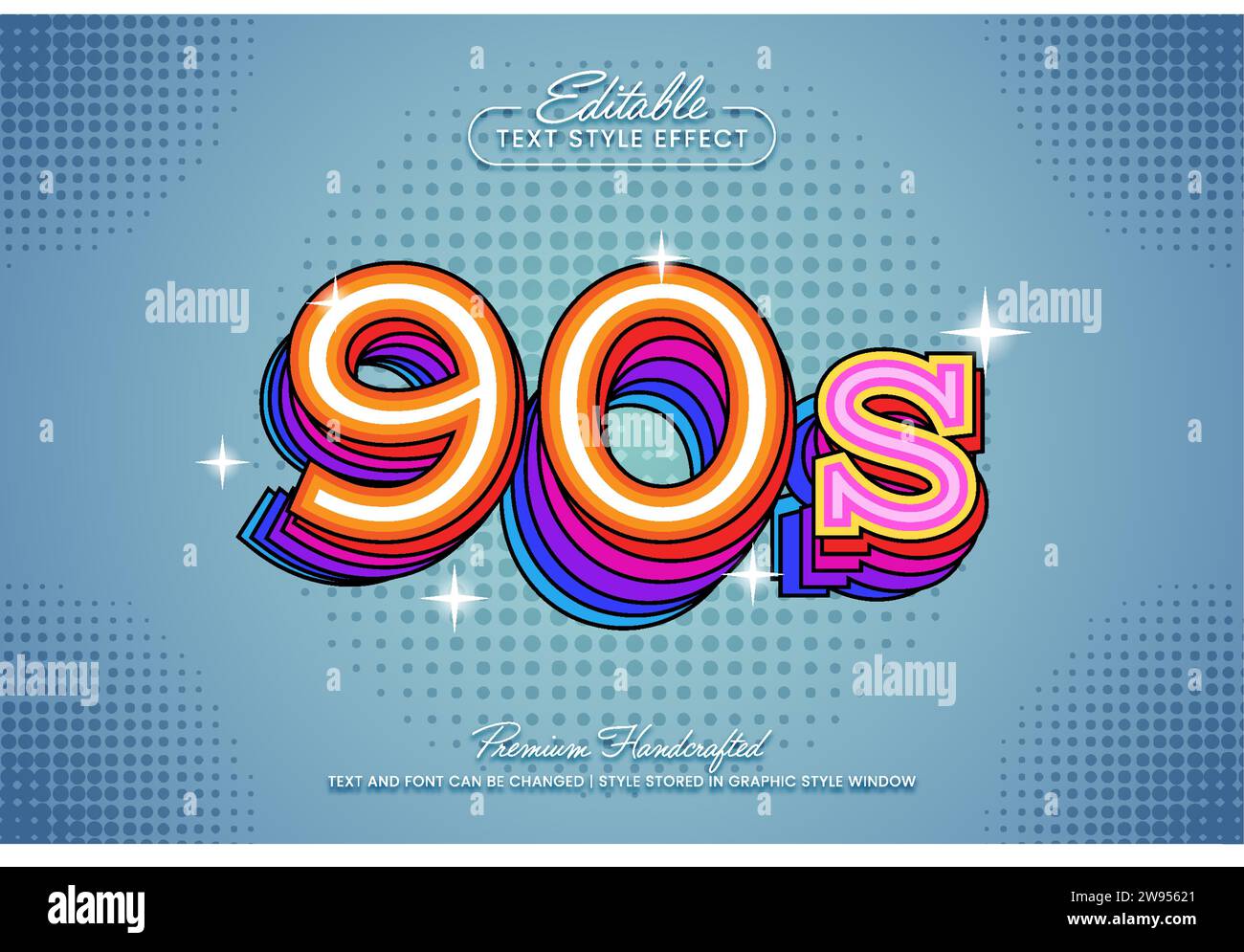 Retro Vintage 90s Überschriften editierbarer 3D Vektor Text-Effekt, geeignet für die Erstellung von auffälligen Textgrafiken für digitale und Printmedien wie Stock Vektor
