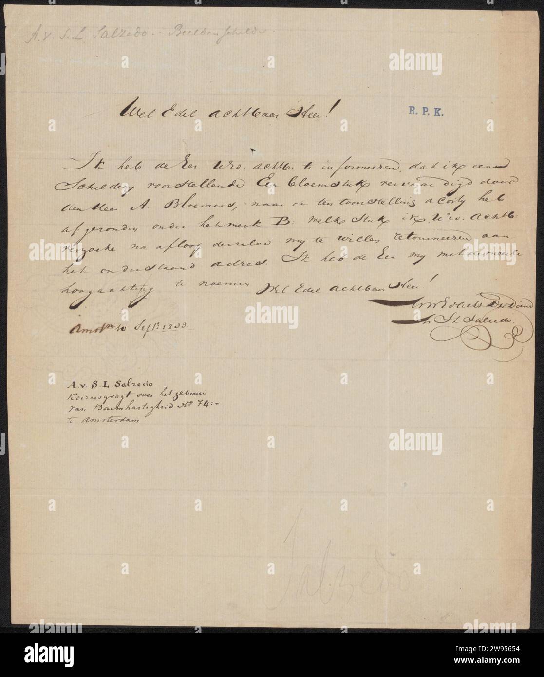 Brief an Anonym, Abraham van Samuel de Lopes Salzedo, 1833 Brief Amsterdamer Zeitung. Schreiben von Tinte (verarbeitet)/Zeichnen von Stiften. Ausstellung  Kunst Stockfoto