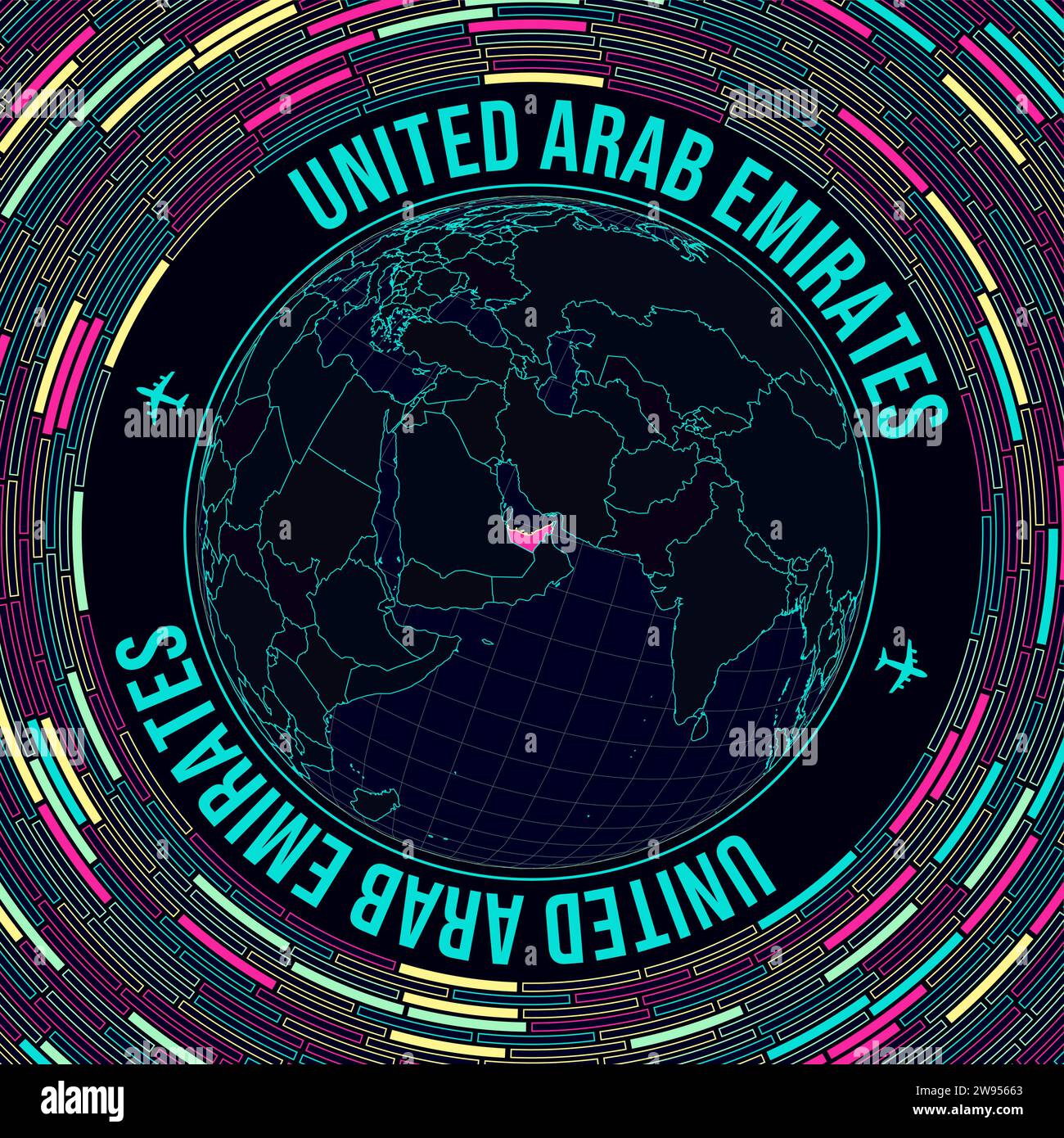 VAE auf der Welt. Satellitenansicht der Welt im Zentrum der Vereinigten Arabischen Emirate. Leuchtender Neonstil. Futuristischer Radialziegelhintergrund. Wunderschöne Vektorillustration. Stock Vektor