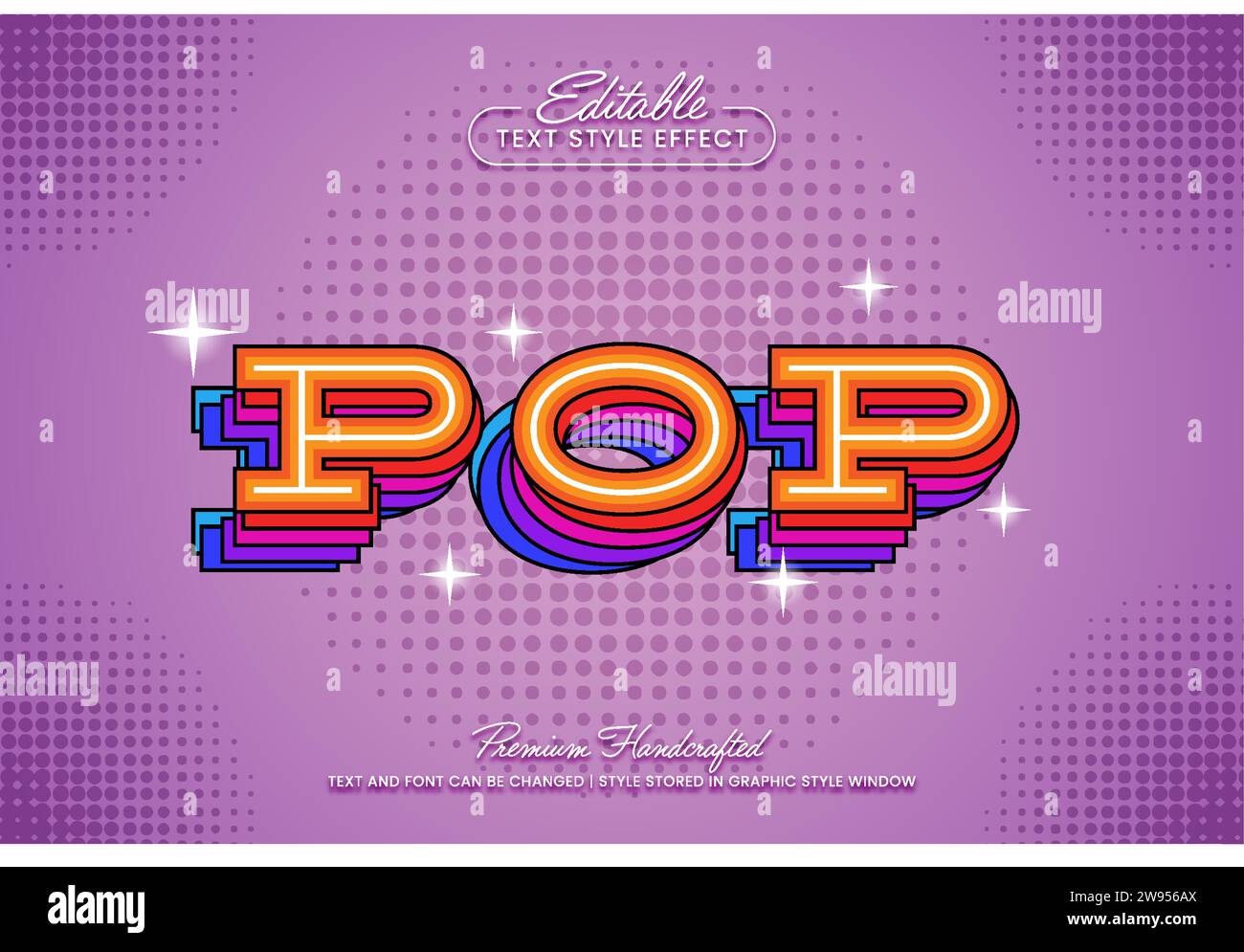 Vintage Retro Pop farbenfroher editierbarer 3D-Vektor-Texteffekt, geeignet für die Erstellung von auffälligen Textgrafiken für digitale und Printmedien wie Stock Vektor