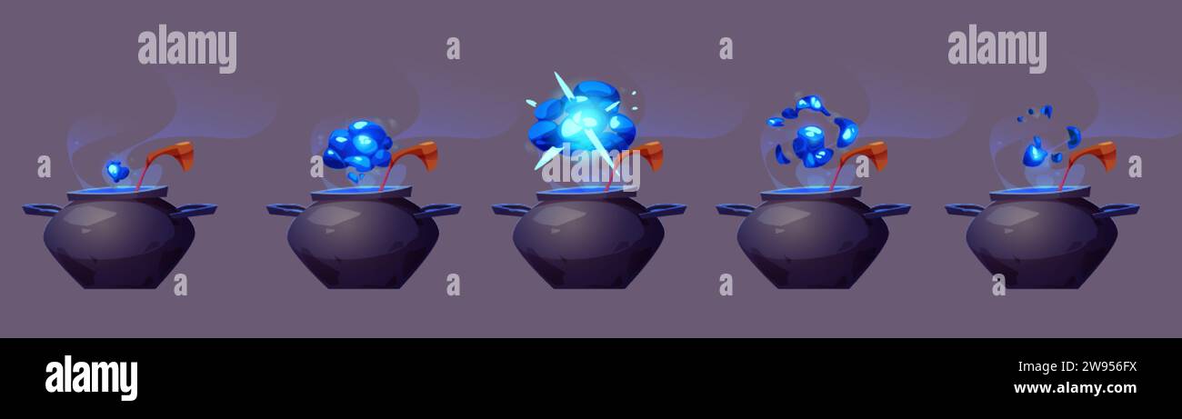 Hexen- oder Zauberkessel-Explosion und Rauchsequenz. Animationsblatt mit Zaubertrank-Explosion und Dampfwolken-Puff-Effekt. Comic-Spiel-Vektor i Stock Vektor