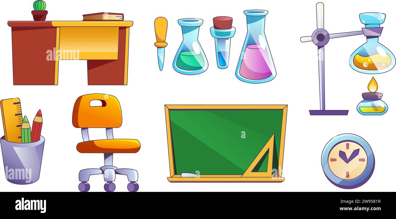 Innenausstattung und Ausstattung des Schullabors. Cartoon-Set mit Elementen für den Chemie-Unterricht. Tisch mit Schreibwaren und Stuhl, Tafel und gla Stock Vektor
