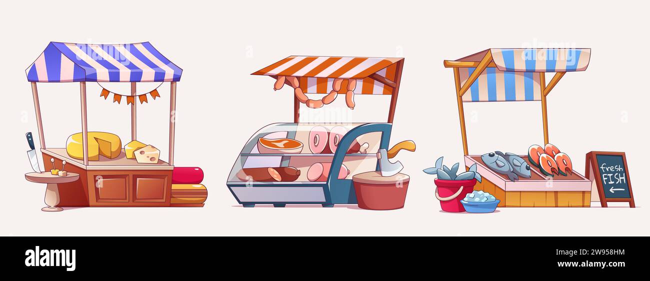 Eine Reihe von Marktständen, die frische Lebensmittel auf weißem Hintergrund verkaufen. Zeitgenössische Vektor-Illustration von Fair-Trade-Geschäften mit Fisch, Schinken, Käse auf d Stock Vektor