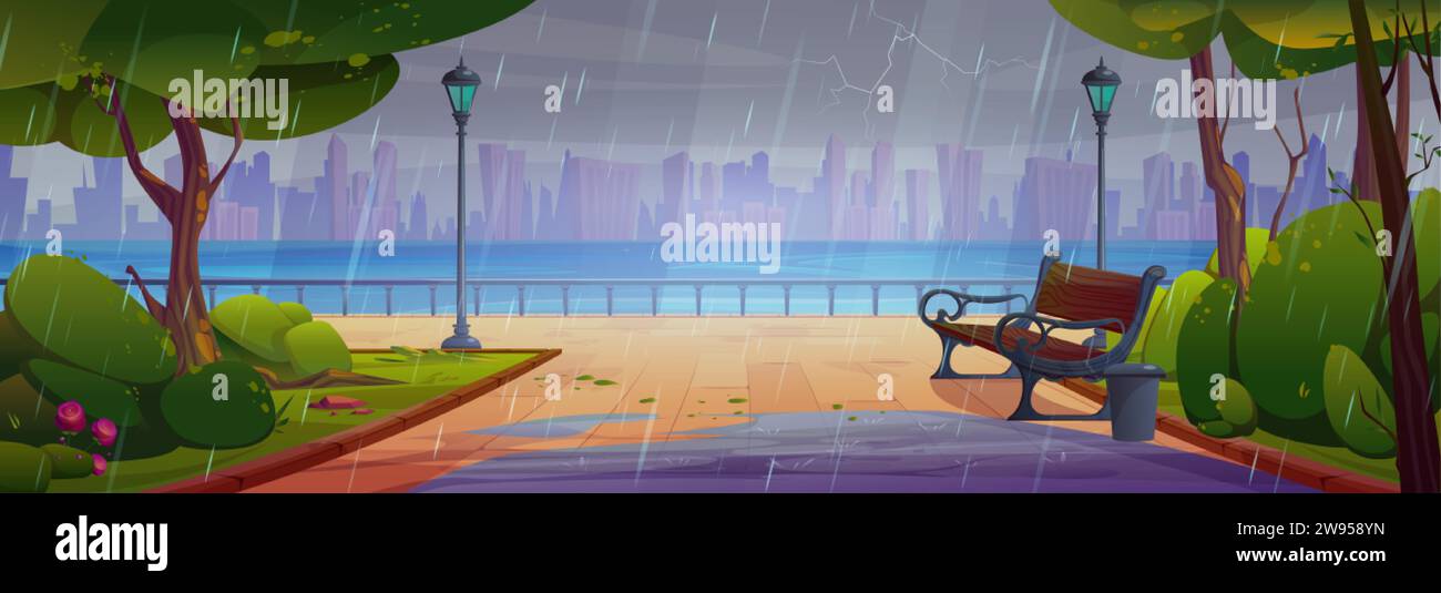 Stadtpark mit Weg und Bank, Laternen und Bäumen am Ufer des Flusses oder Sees unter Regen und Blitz. Cartoon Vektor Sturm und regnerische Stadt Kap Stock Vektor