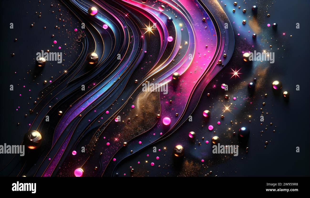Kosmische Wirbel aus Rosa und Violett verschmelzen mit goldenen und silbernen Spuren, glänzend schwarzem Hintergrund und schaffen ein himmlisches abstraktes Kunstwerk schwarze Tinte Stockfoto