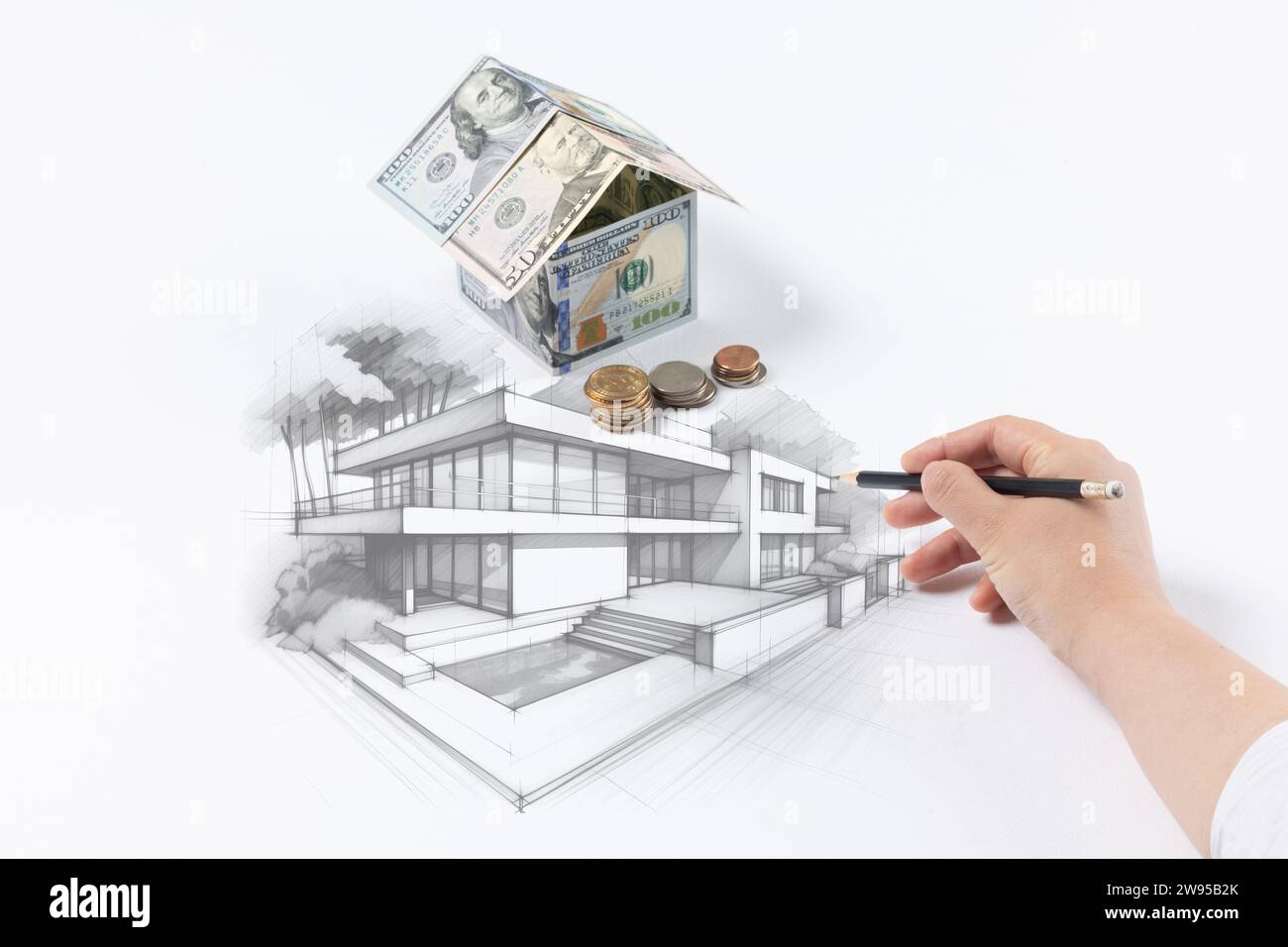 Haus aus Dollar, weißer Hintergrund, Handzeichnung, Bleistiftzeichnung Stockfoto