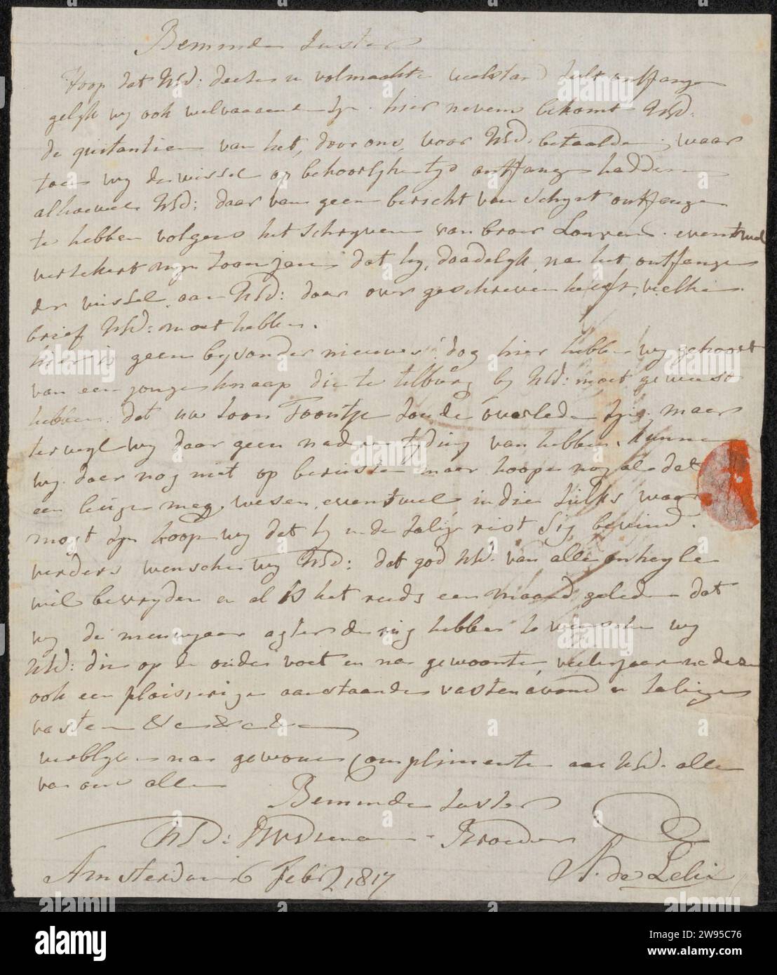 Brief an Unknown, Adriaan de Lelie, 1817 Brief Amsterdamer Zeitung. Tinte schreiben (verarbeitet) / Stiftgeld. Familienleben Stockfoto
