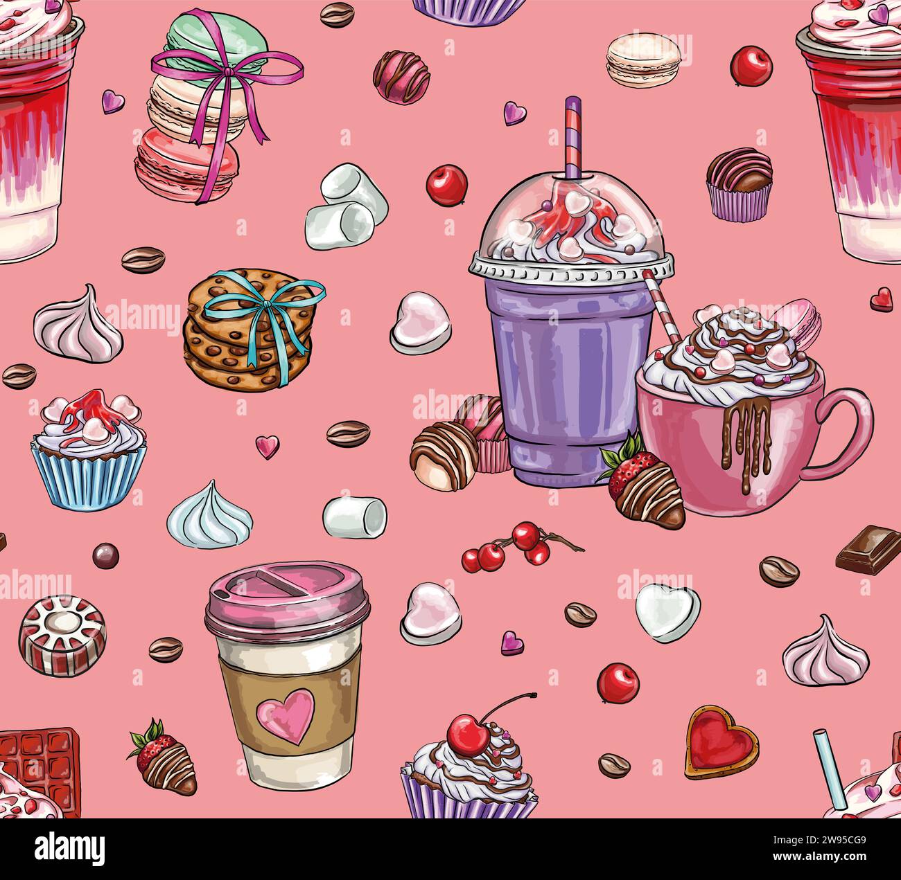 Nahtloses Muster von romantischen Cupcakes und Kaffeegetränken, Desserts und Cocktails, Getränken, Digitaldruck, T-Shirt-Designs, Aufkleber, Beutelmuster und Stock Vektor