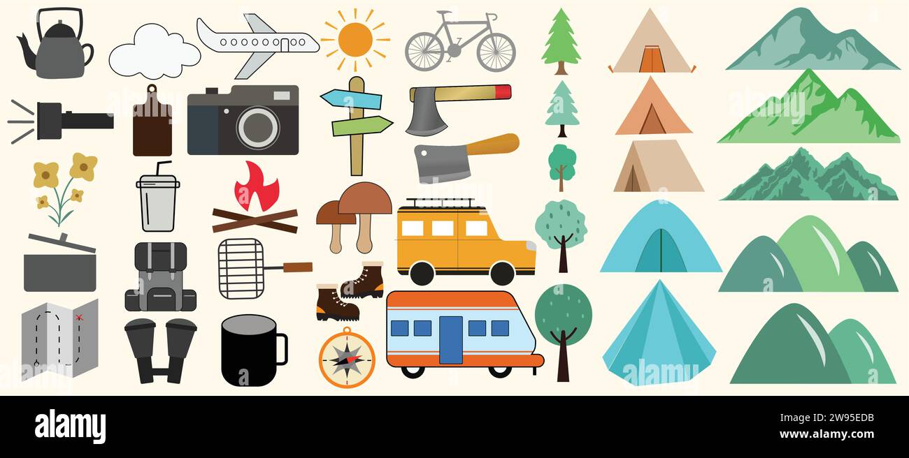 Satz von Illustrationen von Camping, Outdoor und Reise Stock Outdoor Hand gezeichnete Linie Illustration Vektor Design Stock Vektor