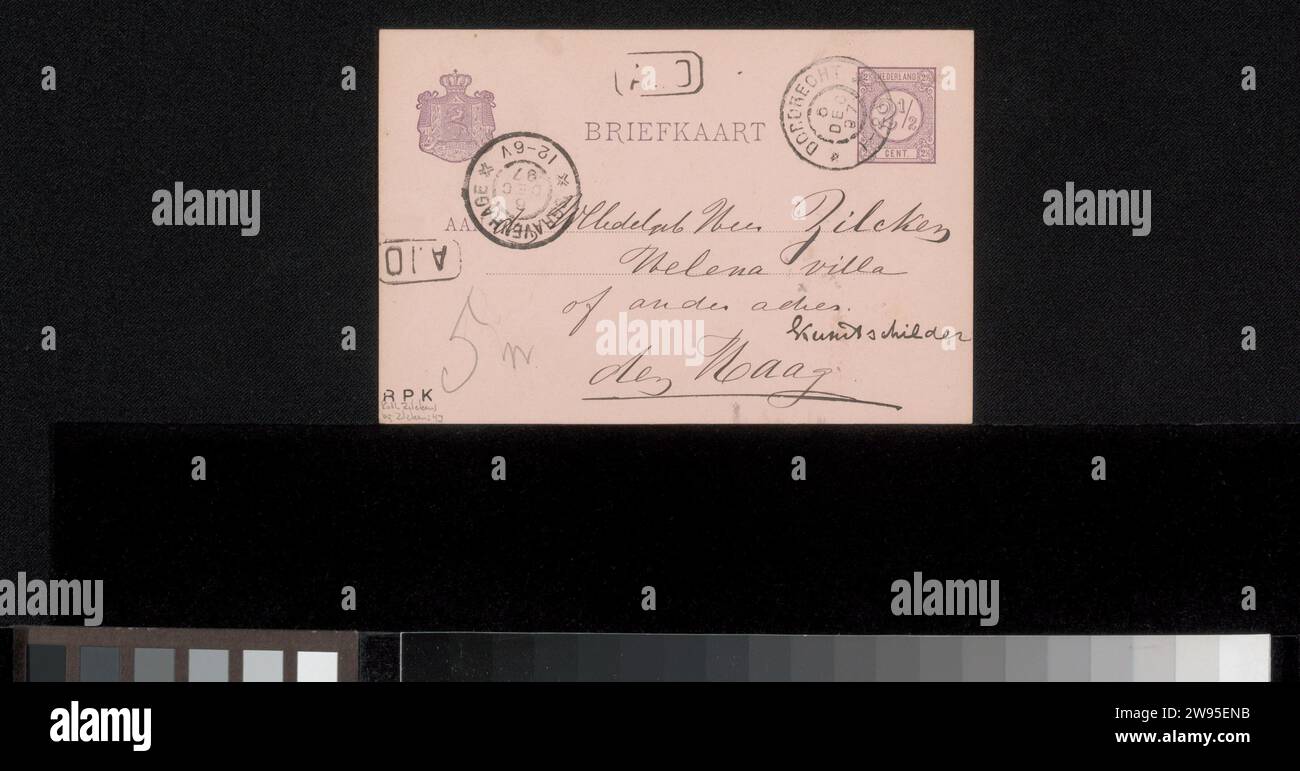 Postkarte für Philip Zilcken, Hidde Nijland, in oder vor 1897 Dordrecht Karton. Schreiben von Tinte (Prozesse)/Fotografie von Stiften, Kinematographie. Geld Stockfoto