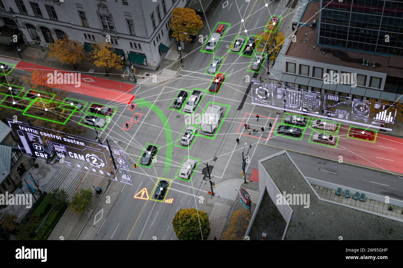 Integrierte Steuerungssystemsimulation und autonomes Fahren in Smart City Stockfoto