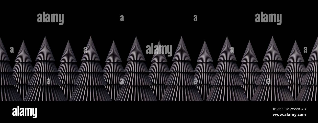 Grauer Metall-Weihnachtsbaum in Reihe auf schwarzem Hintergrund 3D-Darstellung 3D-Illustration Stockfoto