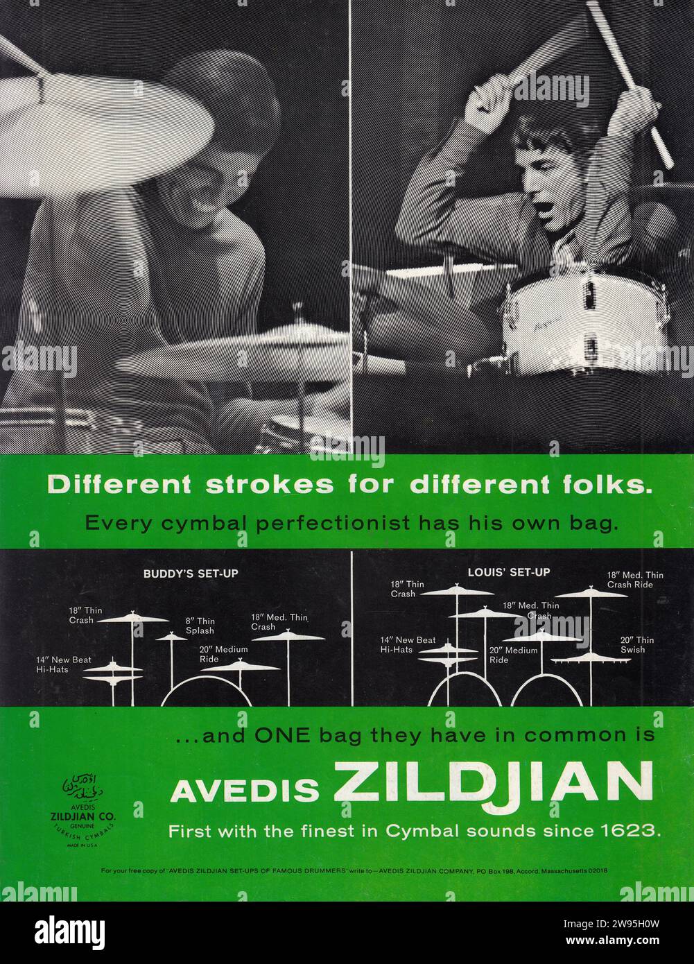 Eine Anzeige aus einer Musikzeitschrift der Mitte der 1970er Jahre für den Cymbal-Hersteller Avis Zildjian. Es gibt Jazz- und Big-Band-Schlagzeuger Buddy Rich und Louis Louie Bellson. Stockfoto