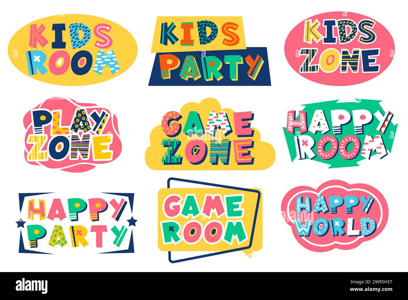 Embleme der Kinderzone. Kindliche Inschriften im Spielzimmer. Farbenfroher Text. Spiele- und Unterhaltungsecke. Helle Schilder. Logo für Kinderspielplatz. Schriftzug Stock Vektor