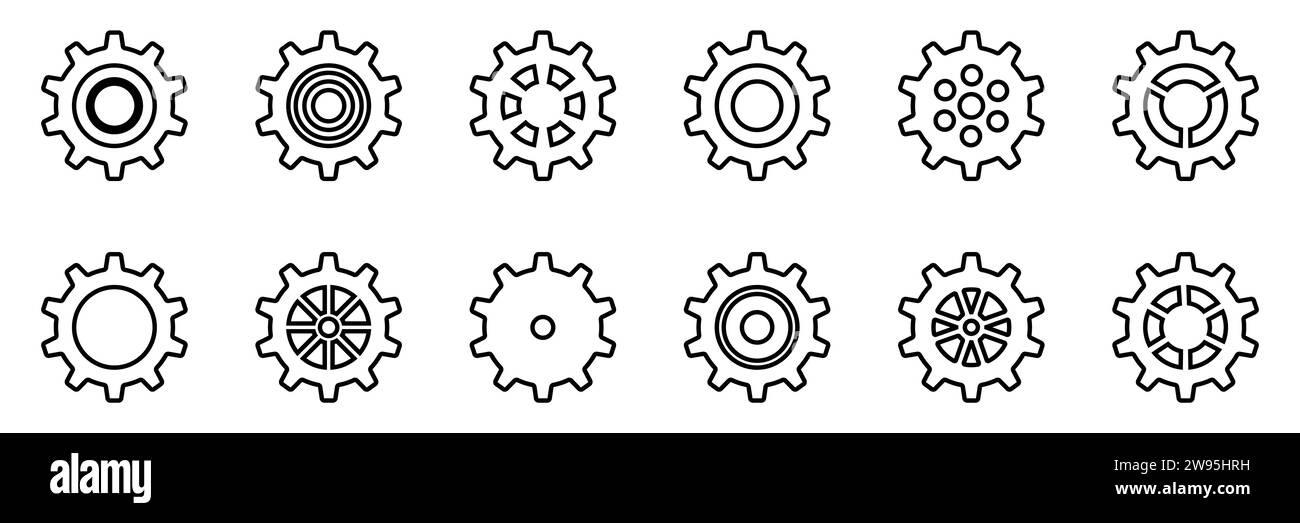 Symbolsatz Gänge. Symbol für Gangeinstellung. Sammlung mechanischer Zahnräder. Einfache Zahnradsammlung. Silhouette mit Zahnradsymbolen. Vector Illustrati Stock Vektor