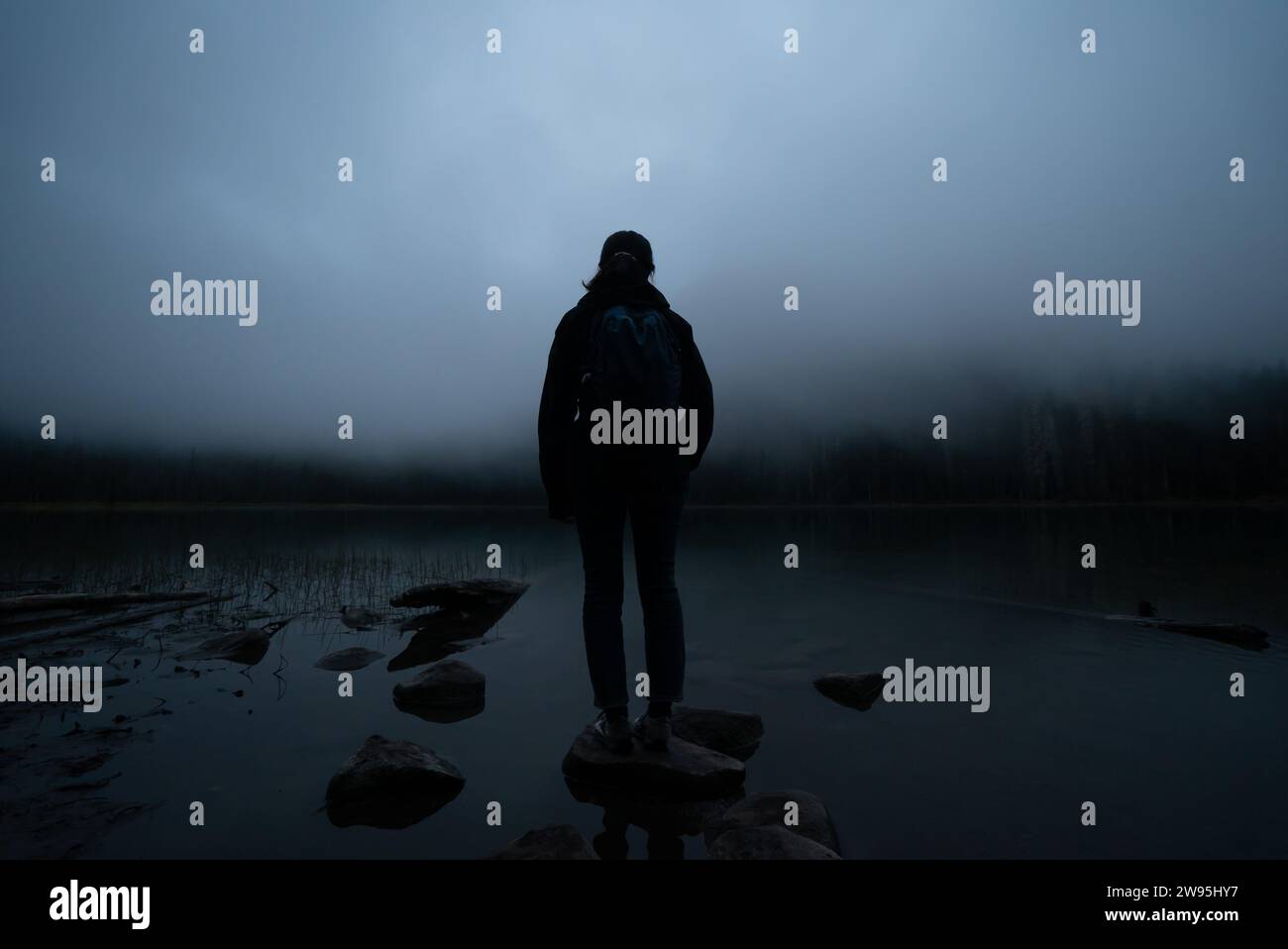 Eine Frau, die allein am Ufer eines Sees im Dunkeln der Dämmerung steht Stockfoto