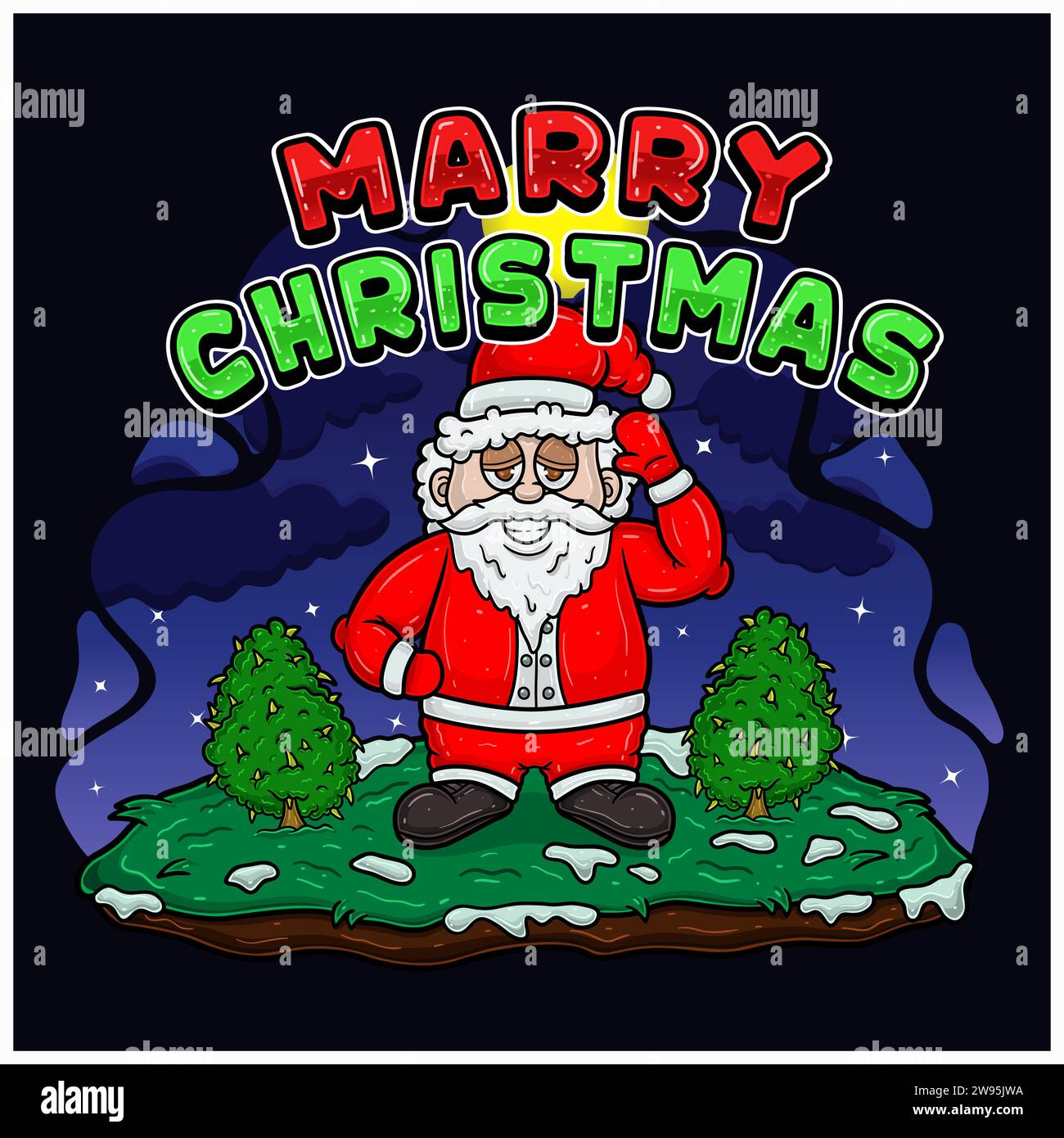 Heiraten Sie Weihnachtstext und Weihnachtsmann-Charakter. Mit High, Cannabis Tree und Hintergrund. Vektorabbildung. Stock Vektor