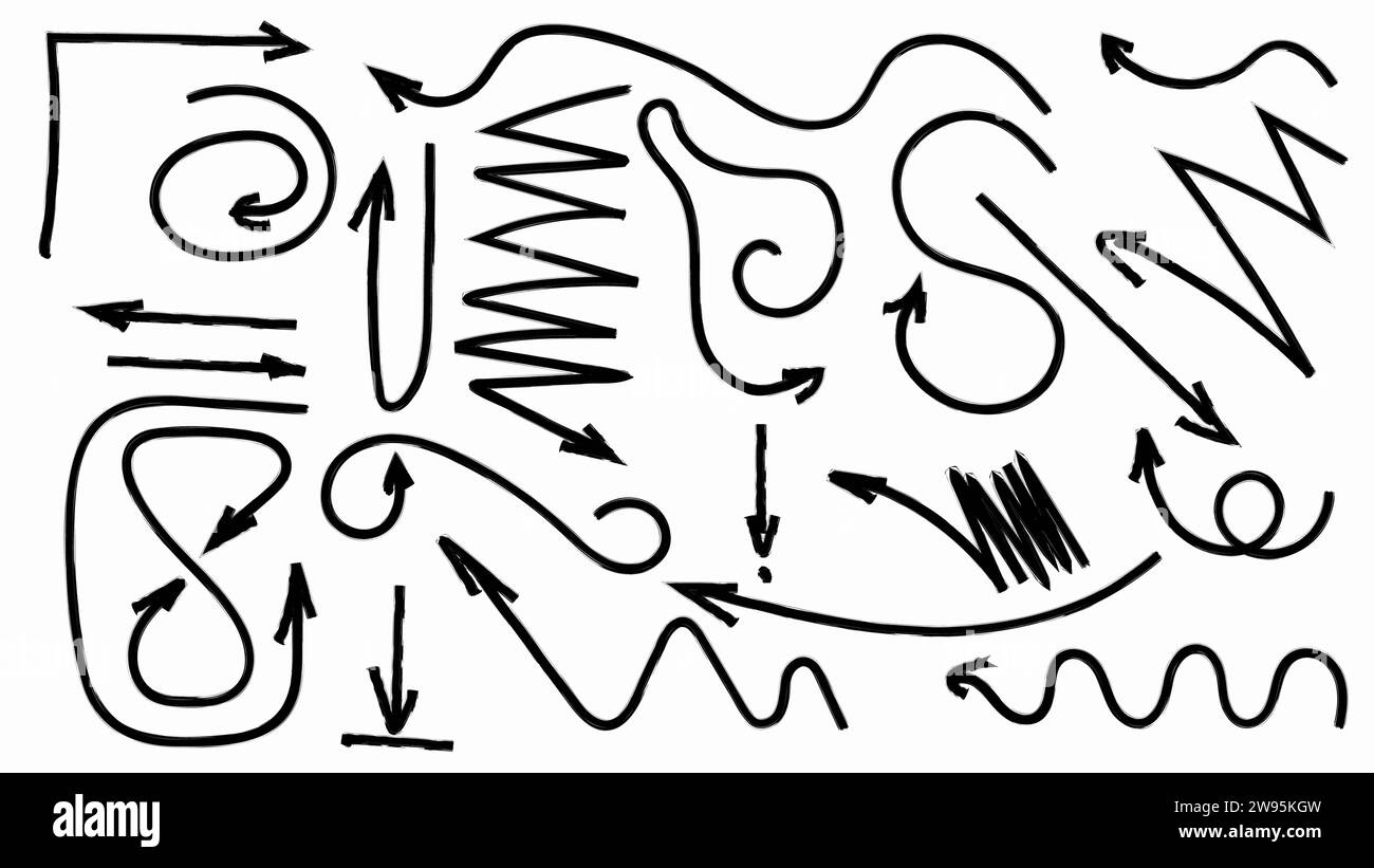 Verschiedene Pinsel gezeichnete Holzkohlepfeile nahtloses Muster. Leuchtende Pfeile. Von Hand gezeichnet verschiedene scharfe geradlinige Linien mit Winkeln. Abstrakte Geo Stock Vektor