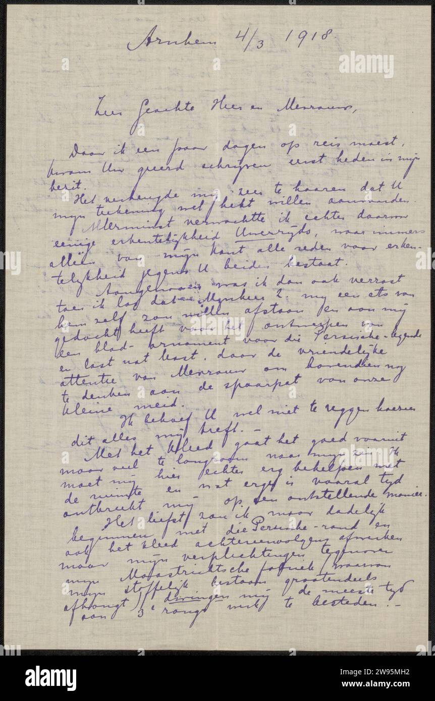 Brief an Philip Zilcken und Henriette Wilhelmina van Baak, Henri Verstijnen, Brief 1918 enthält Umschlag mit Notizen von Philip Zilcken. Arnheim-Papier. Tinte. Bleistiftschreiben (Prozesse)/Zeichnen von Stiften. Literatur ~ Kunst. Grafik, angewandte Kunst, Handwerk, Industriedesign Maastricht Stockfoto
