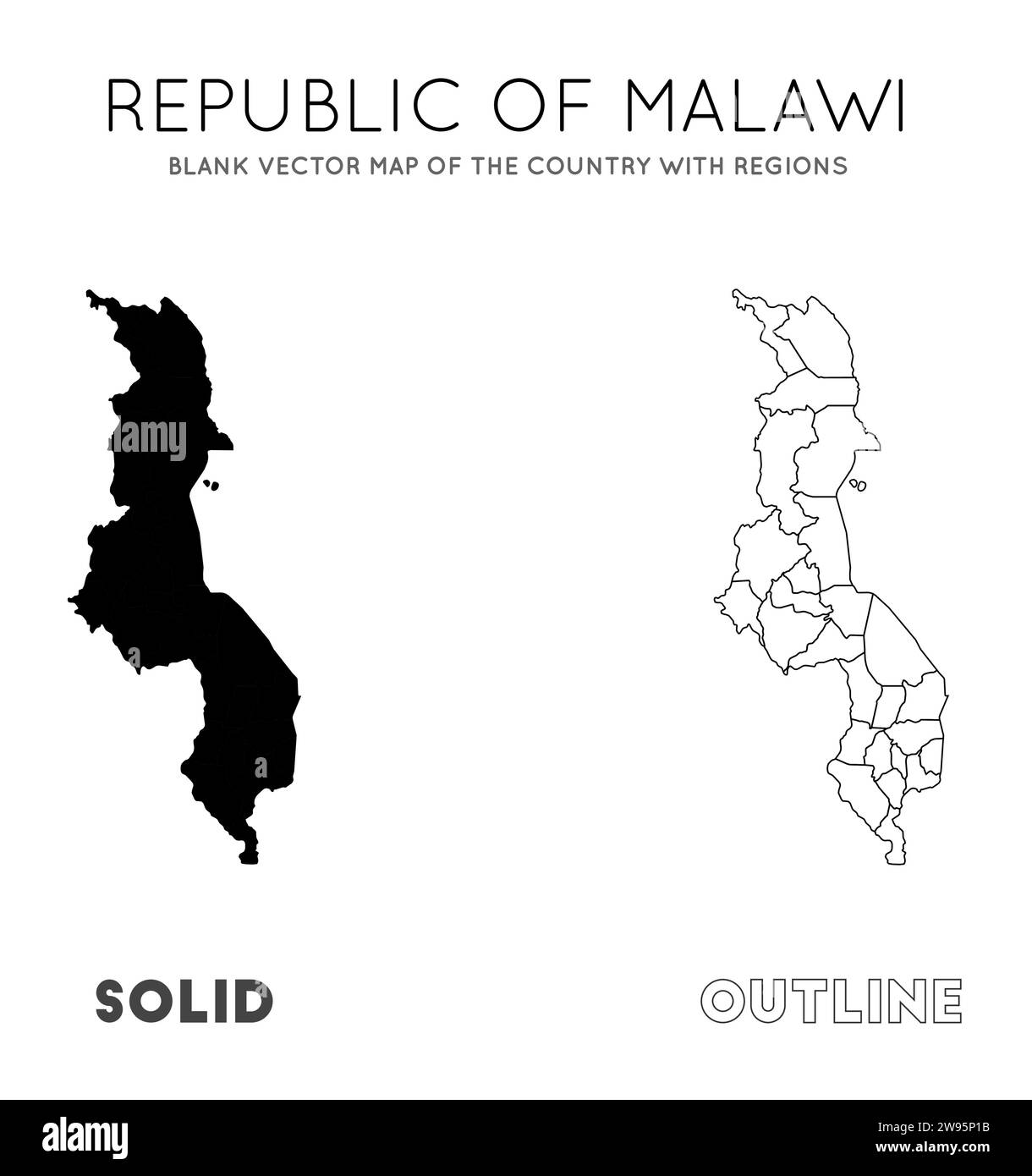 Malawi Karte. Leere Vektorkarte des Landes mit Regionen. Grenzen von Malawi für Ihre Infografik. Vektorabbildung. Stock Vektor