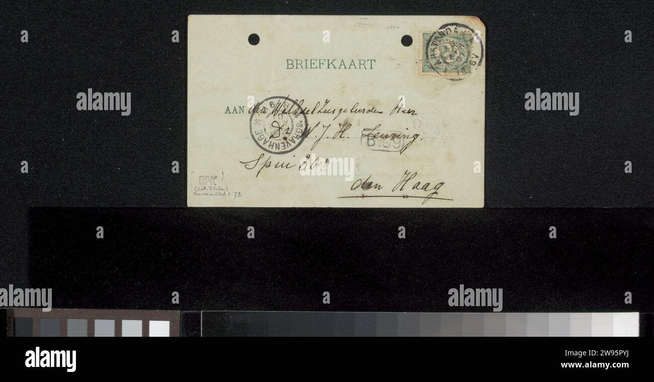 Postkarte für Philip Zilcken, 1901 Amsterdamer Karton. Tintenbeschriftung (Prozesse)/Stiftbeschriftung (einschließlich Buchbeleuchtung, Miniaturmalerei) Stockfoto