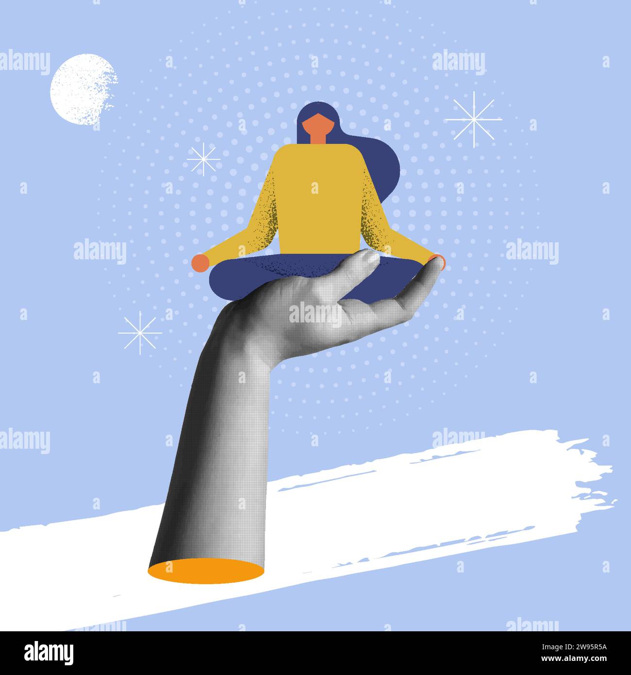 Cartoon Frau über Hand mit entspannter Stimmung in Retro Collage 90s Design Vektor Illustration. Psychologiekonzept, Stressbehandlung; persönlichkeitsdisord Stock Vektor