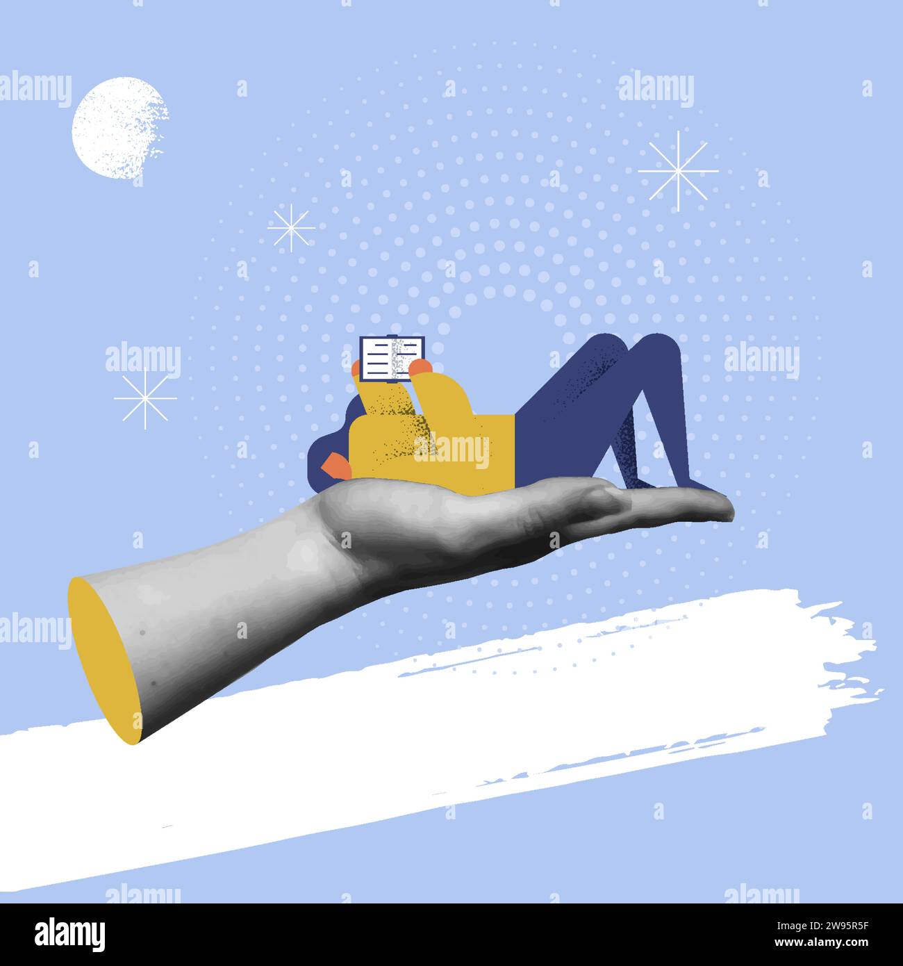 Cartoon Frau über Hand mit entspannter Stimmung in Retro Collage 90s Design Vektor Illustration. Psychologiekonzept, Stressbehandlung; persönlichkeitsdisord Stock Vektor