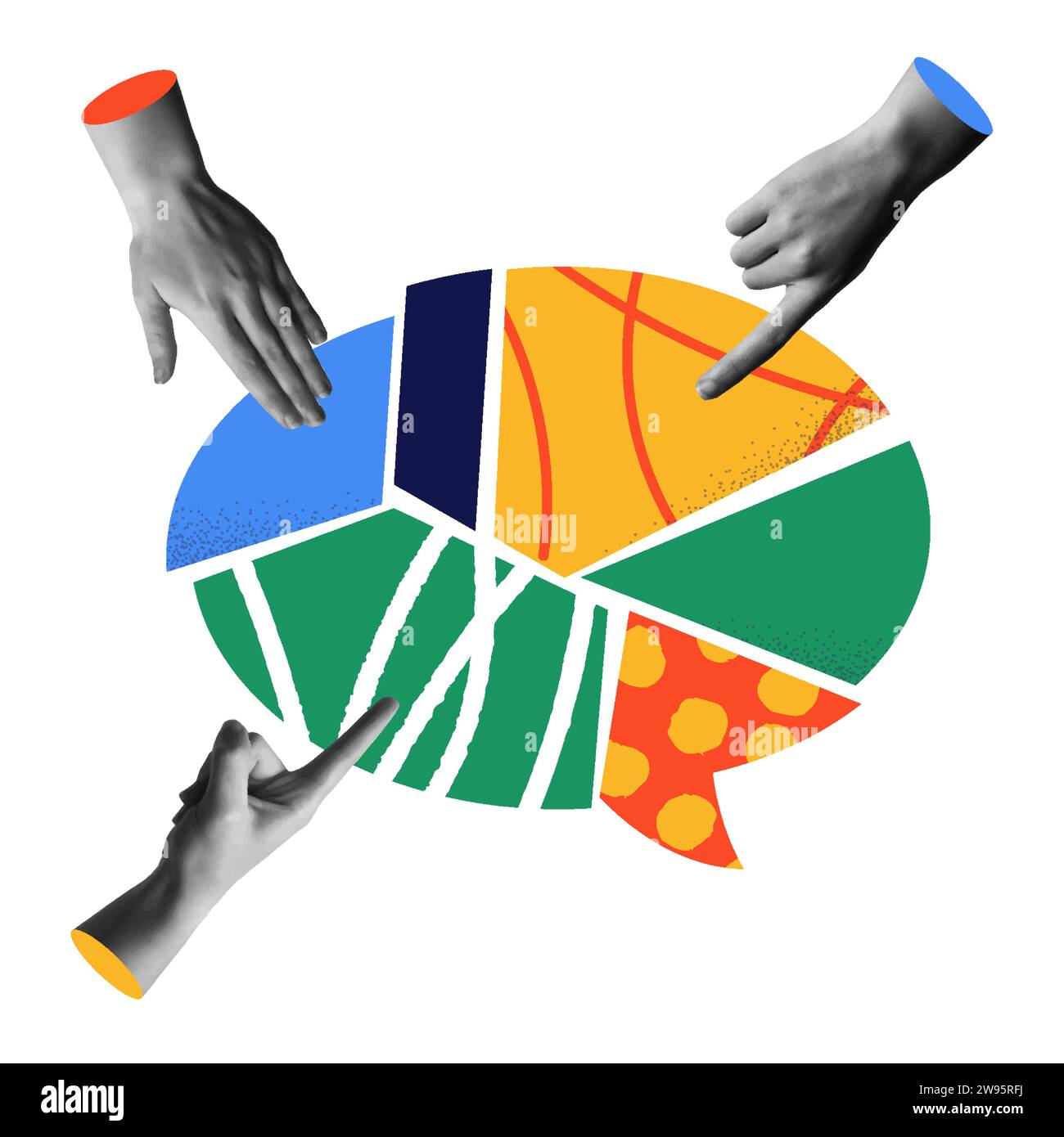 Verschiedene Hände zusammen machen Chatblase-Symbol. Zeitgenössische Retro Collage 90er Jahre Stil Vektor Illustration. Konzept der Teamarbeit, Kommunikationsstrateg Stock Vektor