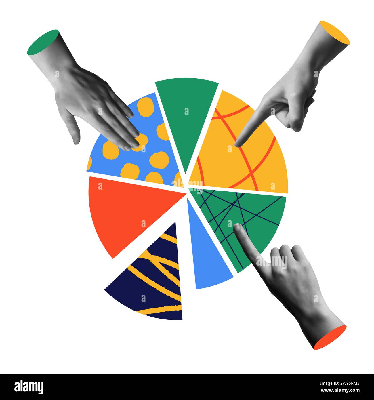 Verschiedene Hände zusammen machen Kreisdiagramm-Symbol. Zeitgenössische Retro Collage 90er Jahre Stil Vektor Illustration. Konzept von Teamwork, Business, Management Stock Vektor