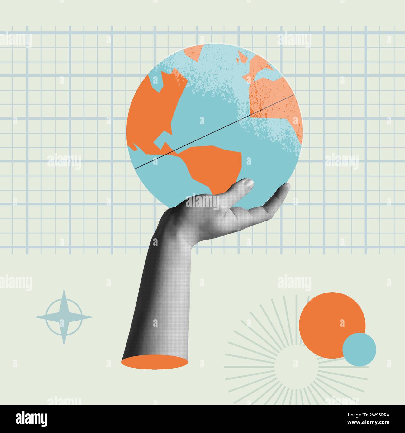 Die Welt in unseren Händen Konzept Karte Vektor Illustration. Menschliche Hand hält eine Cartoon-Erdkugel in trendigem Rastone-Retro-Collage Mixed-Media-Stall der 90er Jahre Stock Vektor