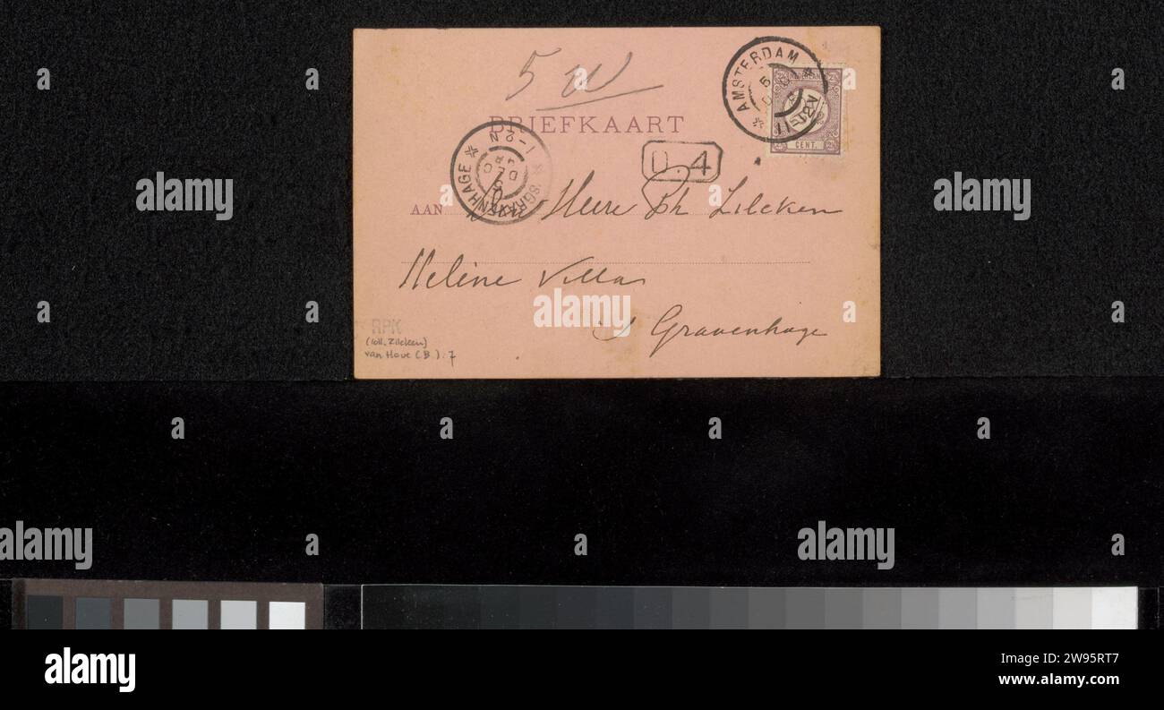 Postkarte für Philip Zilcken, 1898 Amsterdamer Karton. Tinte. Bleistiftschrift (Verfahren) / Stiftblumen  Ornament - AA - stilisiert Stockfoto