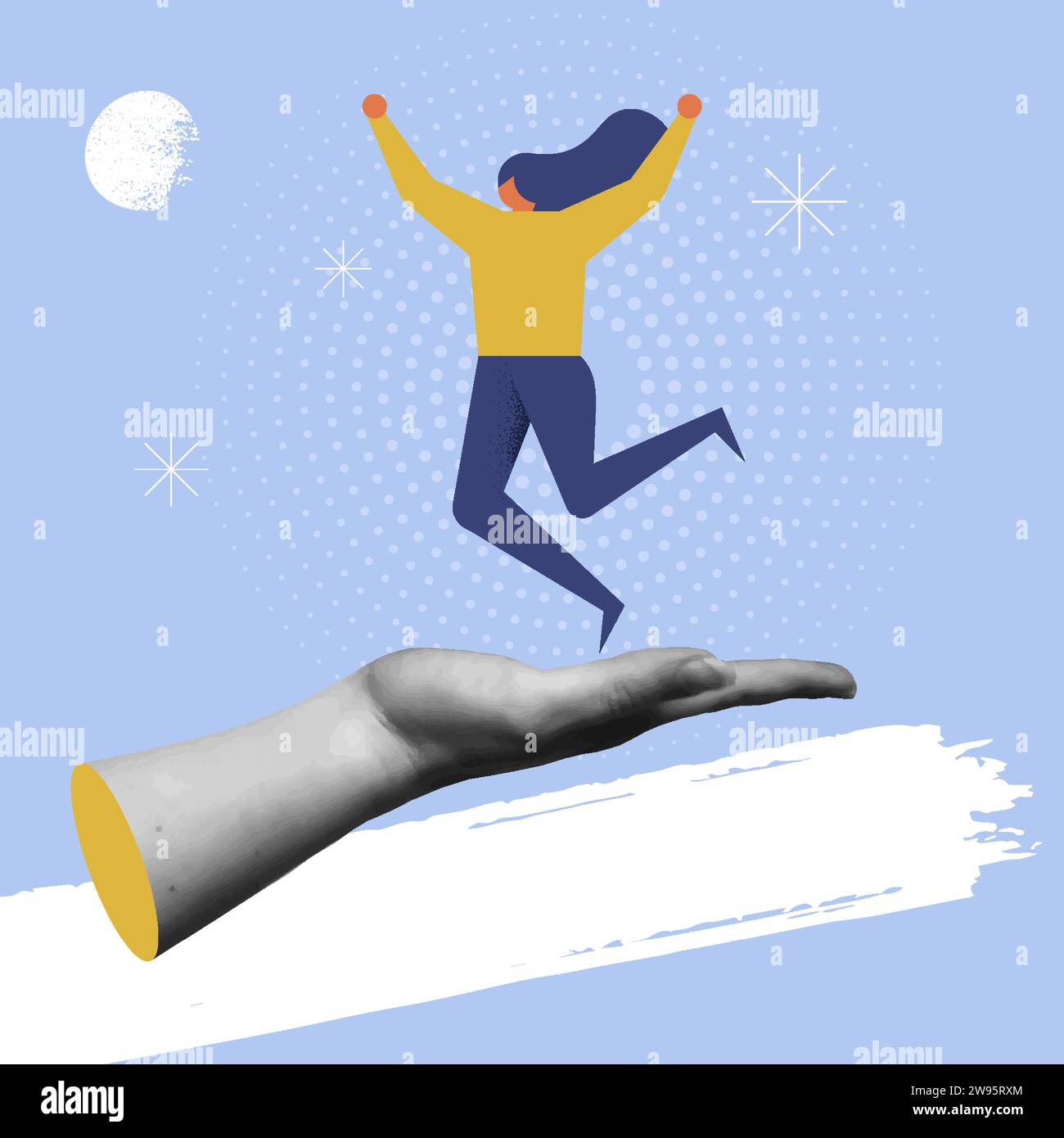 Cartoon Frau über Hand mit erhabener Stimmung in Retro Collage 90s Design Vektor Illustration. Psychologiekonzept, Persönlichkeitsstörungen, Psychologie Stock Vektor