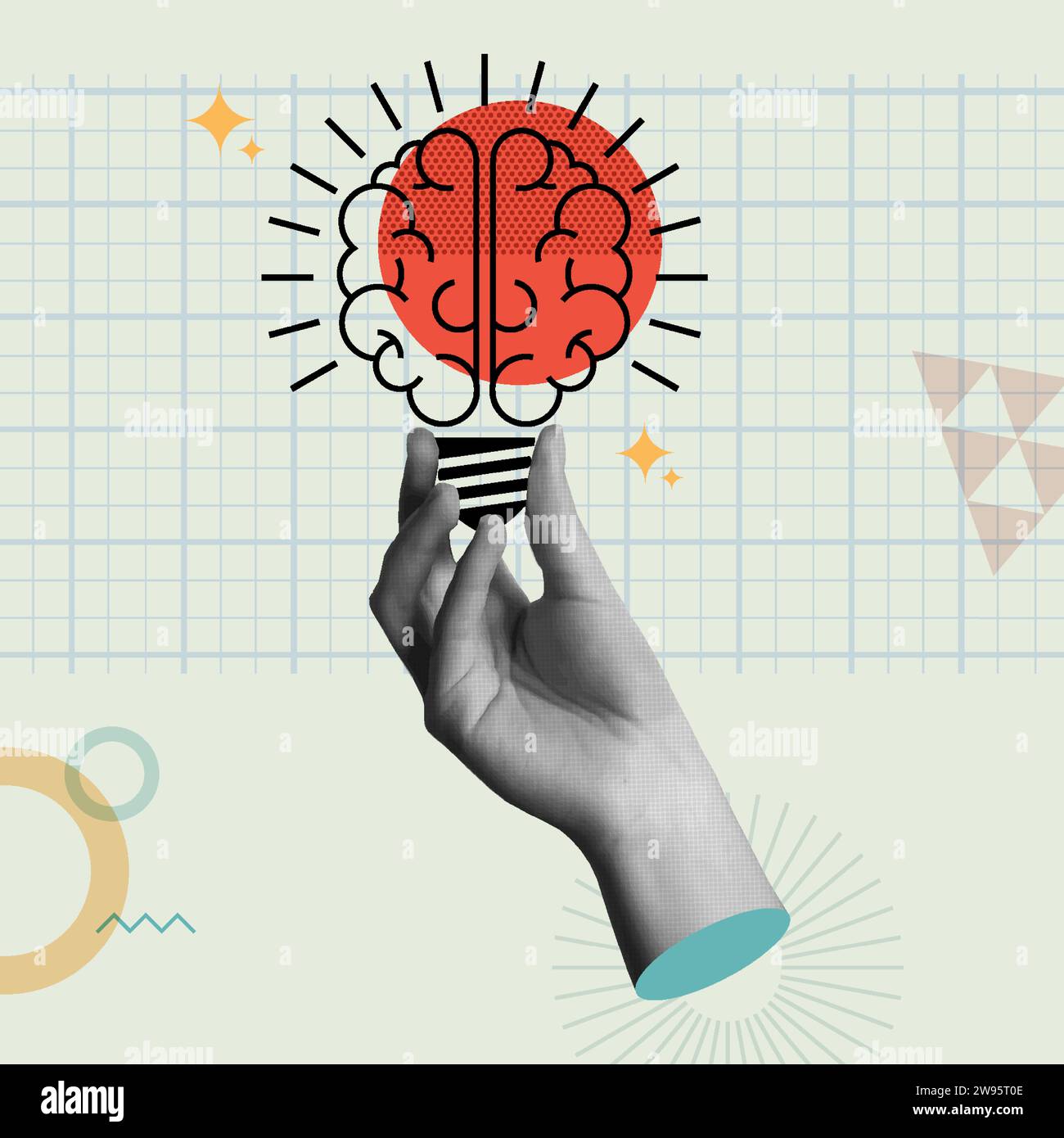 Konzeptdesign mit brillanten Ideen. Menschliches Gehirn als Glühbirnenlampe in Retro Collage 90s Stil Vektor Illustration. Konzept von Wissen, Intelligenz, Lernenden Stock Vektor