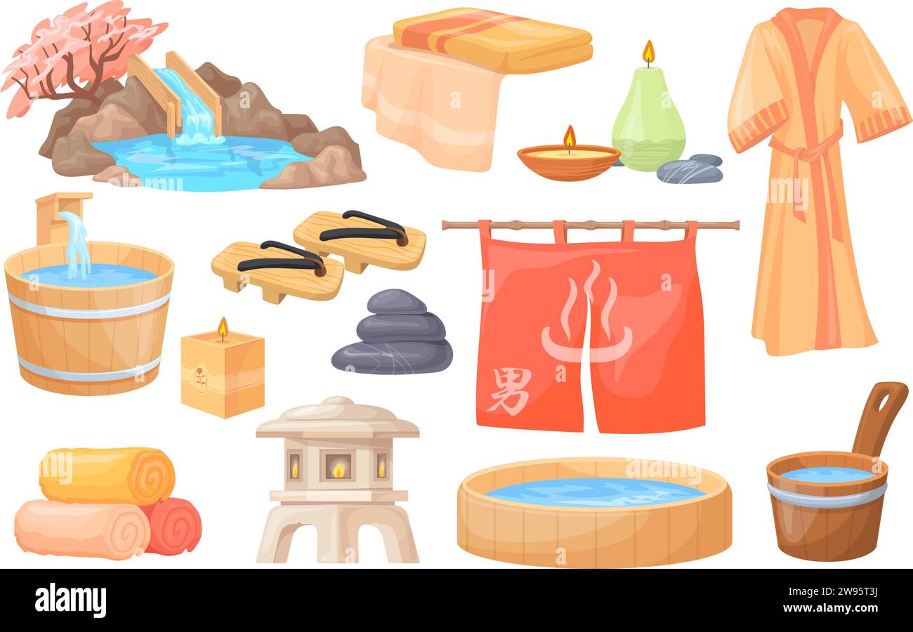 Japanische heiße Quellen. Onsen Lifestyle Spa Sauna Elements japan Winterresort Natur heiße Quelle, Outdoor Hot Pool und Freiluft Holz Bad im Vorhang, Vektor Illustration der Sauna gesunde Urlaub Stock Vektor