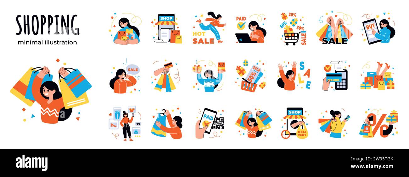 Leute, die einkaufen. Mädchengeschäft, Live-Coupons, Commerce-Bewertung, niedliche Minimal-Stil-Zeichensammlung. Online-Verkauf und Rabattwerbung Stock Vektor