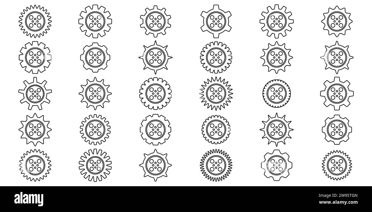 Symbolsatz Gänge. Symbol für Gangeinstellung. Sammlung mechanischer Zahnräder. Einfache Zahnradsammlung. Silhouette mit Zahnradsymbolen. Vector Illustrati Stock Vektor