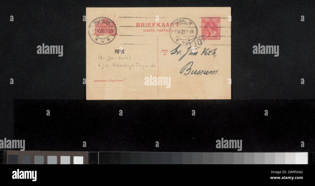 Postkarte an Jan Veth, Karel Johan Lodewijk Alberdingk Thijm, 1920 Haarlem Karton. Tinte schreiben (verarbeitet) / Stift Stockfoto