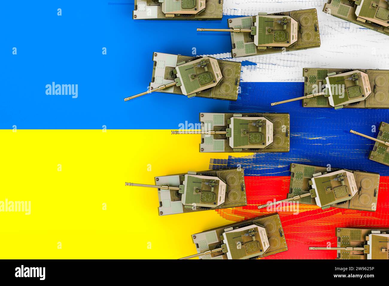 Militärischer Angriff auf die Ukraine. Russische Kampfpanzer erobern ukrainische Karte. 3D-Rendering Stockfoto