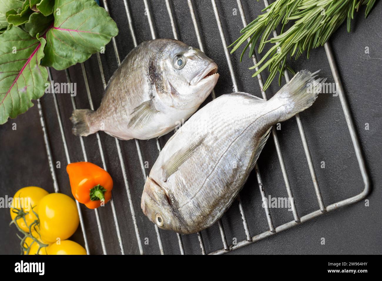 Roher dorado-Fisch mit gelbem Gemüse auf Metallrost. Schwarzer Hintergrund. Draufsicht Stockfoto