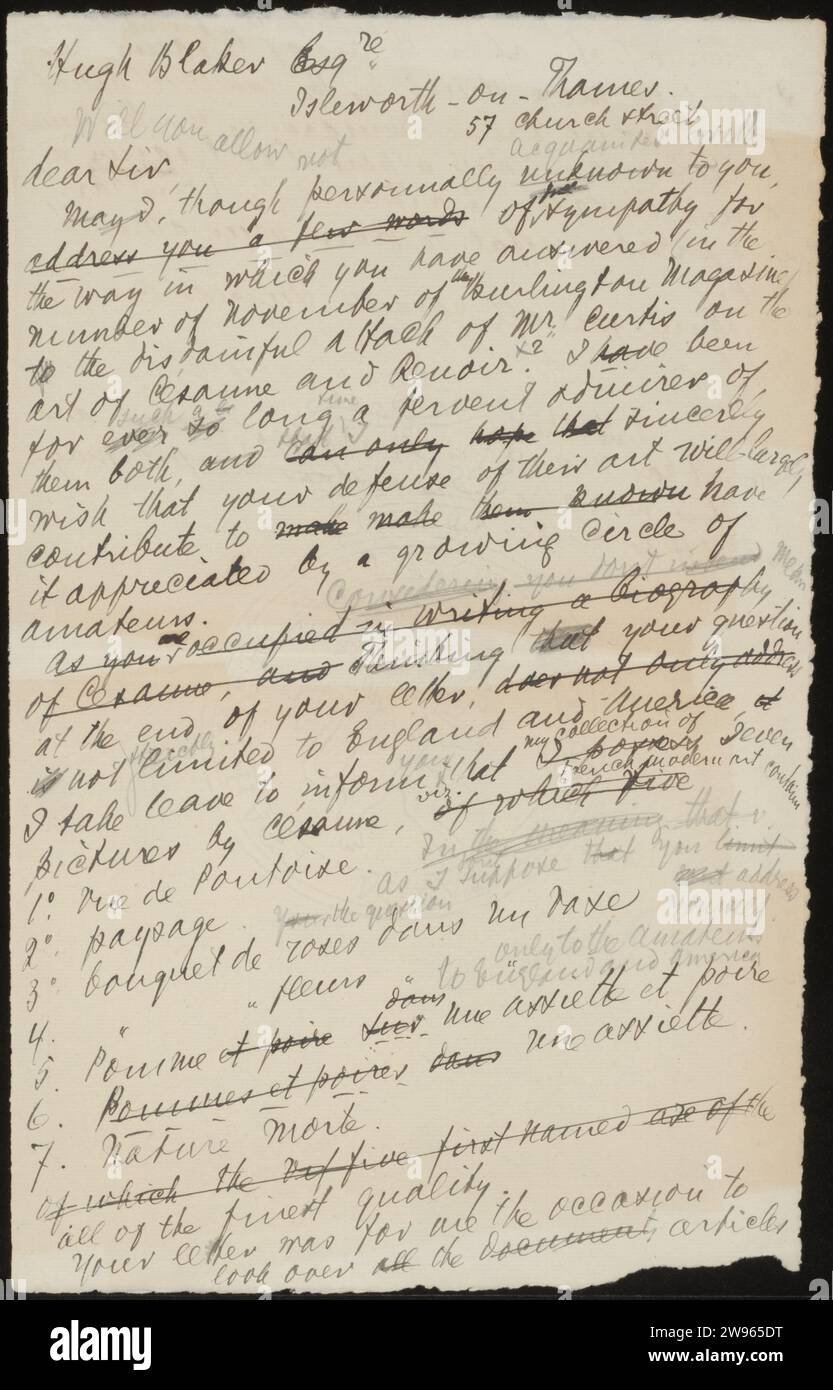 Entwurf eines Briefes an Hugh Blaker, Andries Bonger, 1917–1918 Brief der Entwurf eines Briefes betrifft eine Antwort auf einen Streit über Paul Cézanne im Burlington Magazine. Der Briefentwurf enthält die einschlägigen Artikel (November 1917 und Oktober 1918), die von Andries Bonger übermittelt wurden. Papier. Tinte schreiben (verarbeitet) / Stift Stockfoto