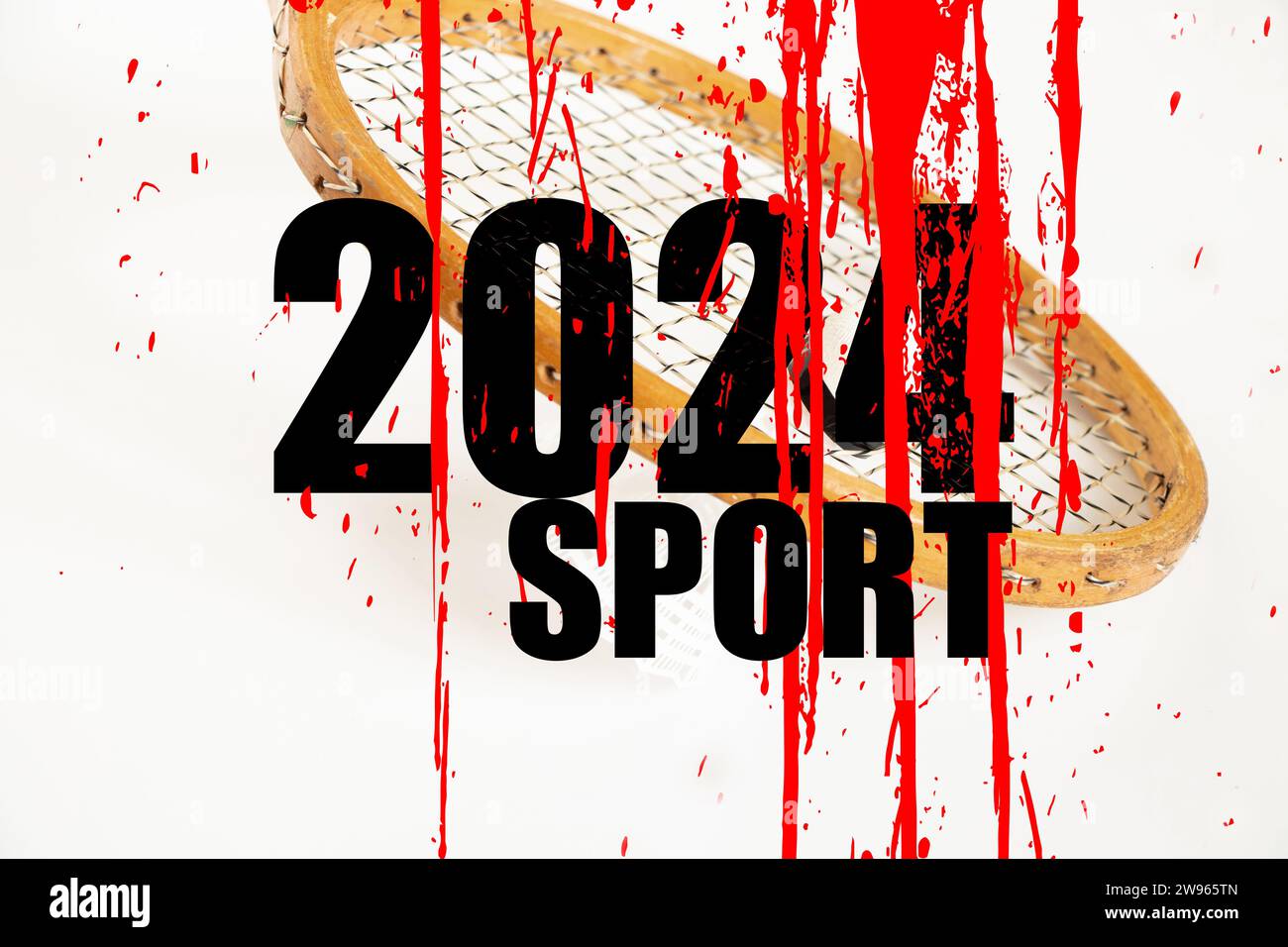 Text 2024, Sport und Blutflecken, und im Hintergrund gibt es einen Shuttlecock und einen Badmintonschläger, Sport außerhalb der Politik, Sport 2024 Stockfoto