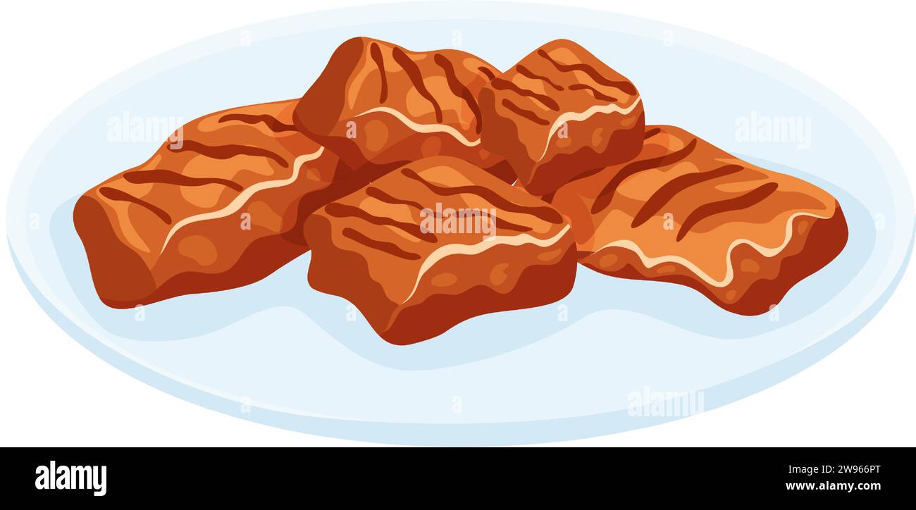 Ein Haufen gebackener Fleischstücke auf einem Teller. Gebratenes gegrilltes Fleisch auf weißem Hintergrund. Illustration des Zeichentrickvektors. Stock Vektor