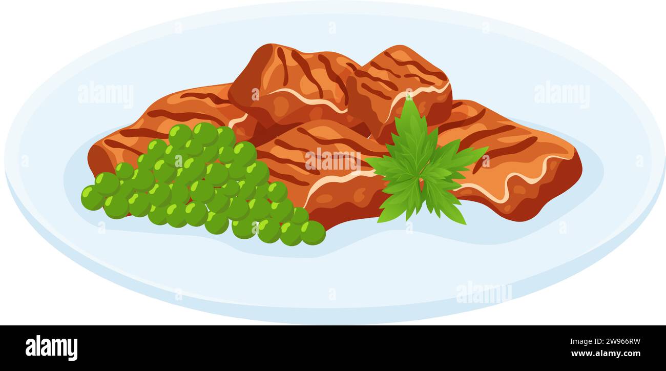 Ein Gericht mit frittierten Fleischstücken, grünen Erbsen, Petersilie, Koriander auf einem Teller. Gebackenes gegrilltes Fleisch mit Beilage und Kräutern. Illustration des Zeichentrickvektors. Stock Vektor