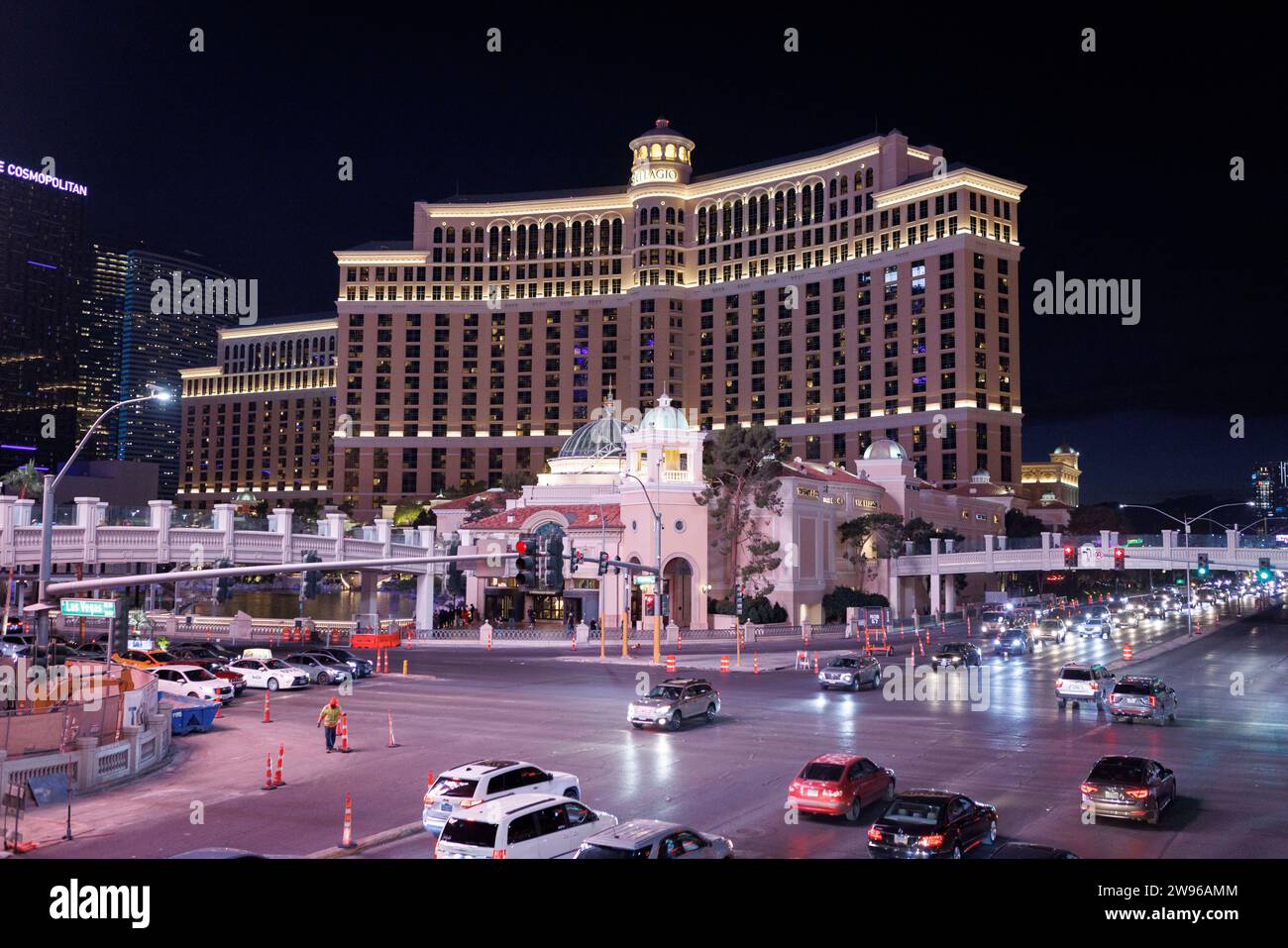 Ein allgemeiner Blick auf das Bellagio Hotel am Strip bei Nacht in Las Vegas, Nevada, USA. Bild aufgenommen am 7. Dezember 2023. © Belinda Jiao jiao.bilin Stockfoto